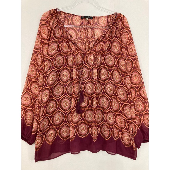 Rose & Olive Tops - Rose & Olive Peasant Blouse XL Burgundy Boho Medallion Tassel Tie Chiffon Top
